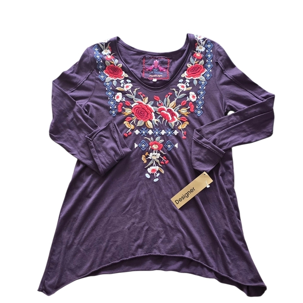 Johnny Was Deep Purple Embroidered Long Sleeve Top